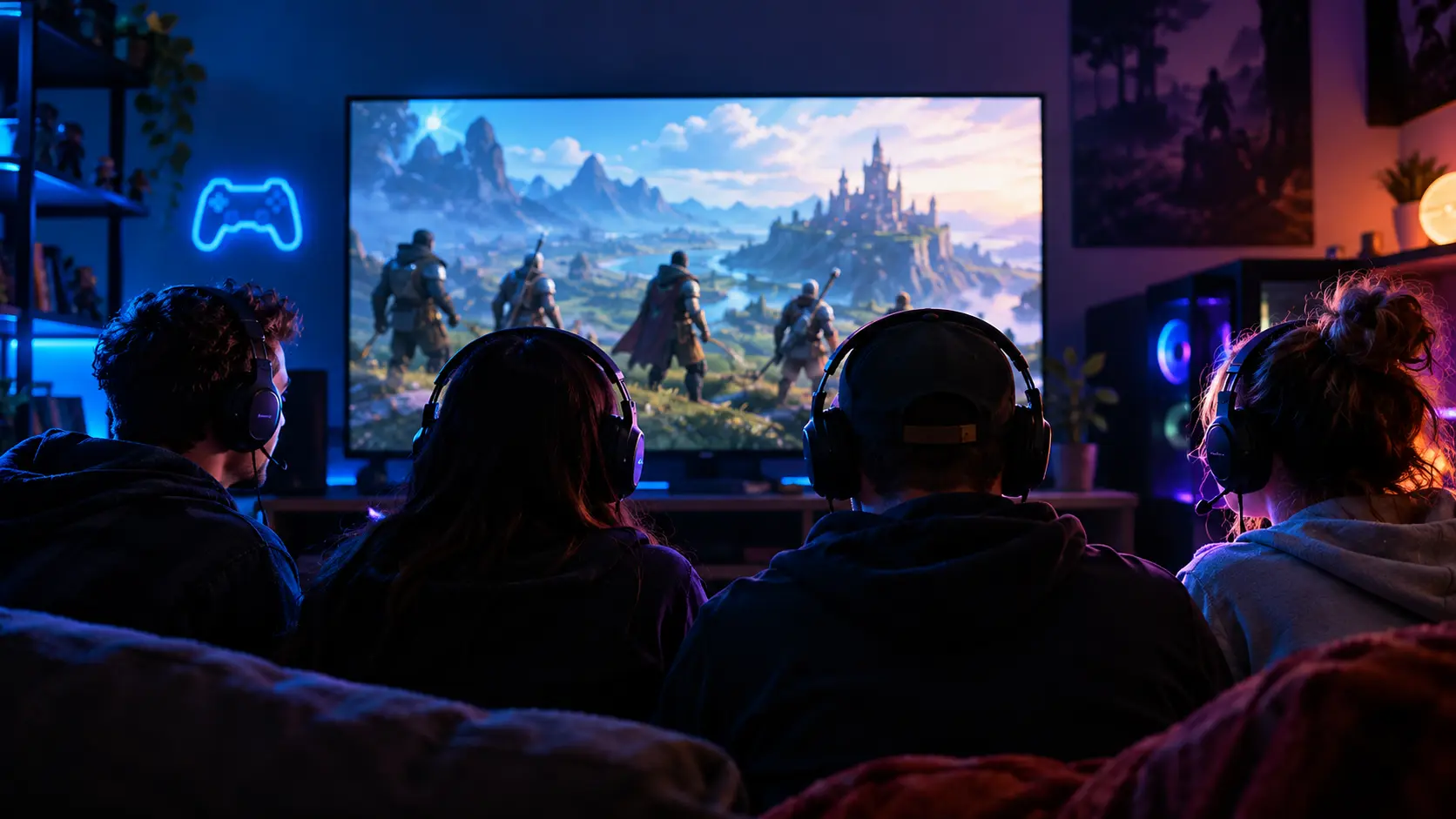 Friends gaming together on a couch while a multiplayer game plays on a large screen, lit by soft neon room lighting.